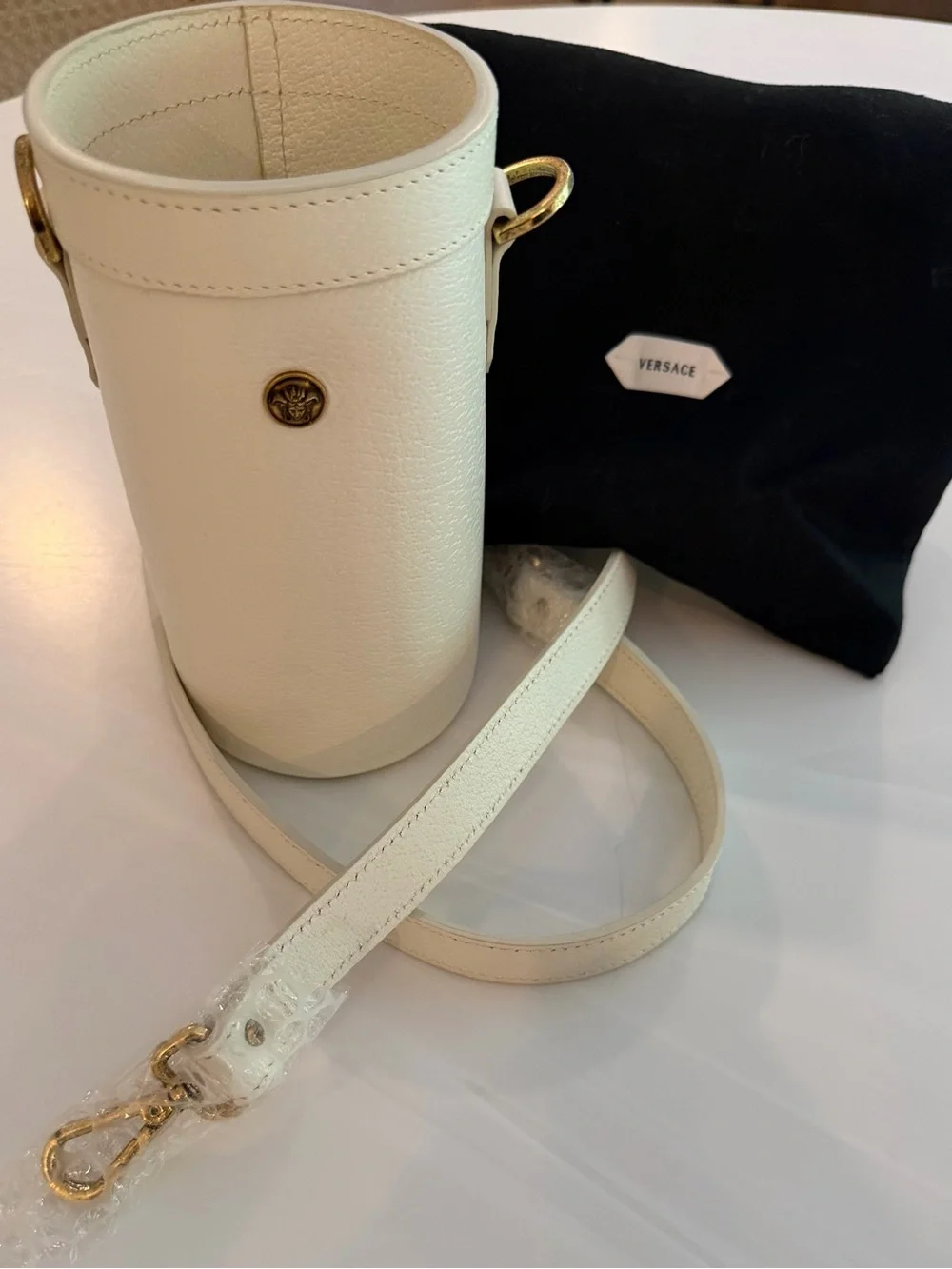 Versace Cream Leather Cylinder Water Holder Shoulder Bag